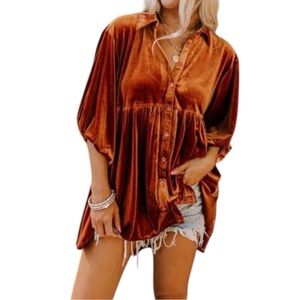 Umgee Rust Orange Velvet Oversized Babydoll Button-Up Shirt